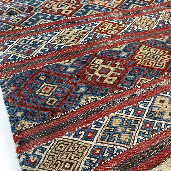 Bag face – wool, - flatweave - S E Anatolia - horizontal bands - hooked lozenge pattern. Some wear and damage commenserate with age. 151 x 92.5cm